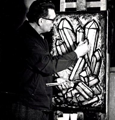 Rūdolfs Kronbergs strādā pie gleznas "Kalnu kristāls", 1968. gads.