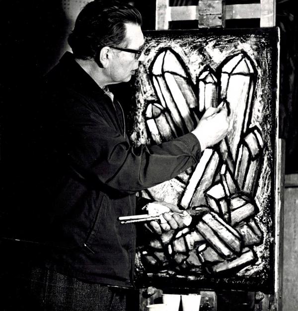 Rūdolfs Kronbergs strādā pie gleznas "Kalnu kristāls", 1968. gads.