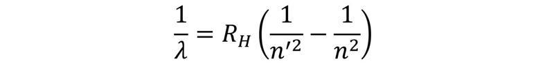 Ridberga formula ūdeņraža atomam: λ – elektromagnētiskā starojuma viļņa garums; R_H ≈ 1.097·107 m-1 – Ridberga konstante ūdeņradim; n^' – galvenais kvantu skaitlis stāvoklim ar zemāku enerģiju; n^ - galvenais kvantu skaitlis stāvoklim ar augstāku enerģiju.