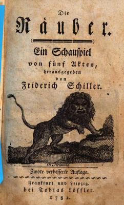 Frīdriha Šillera lugas "Laupītāji" titullapa. Franfurte un Leipciga: izdevējs Tobias Löffler, 1782. gads.