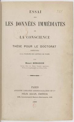 Anrī Bergsona darba “Apcerējums par apziņai tieši doto” (Essai sur les données immediates de la conscience, 1889) titullapa.