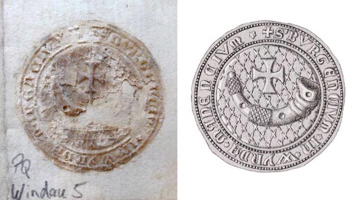 1369. gada Ventspils pilsētas zīmogs Lībekas pilsētas arhīvā un zīmoga 1887. gadā publicētā rekonstrukcija.