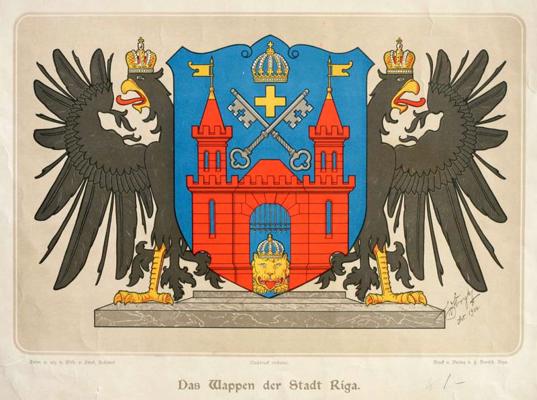 Litogrāfijas lapa ar Rīgas ģerboni, zīmējis arhitekts Vilhelms fon Striks, 1900. gads.