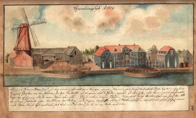 1779. gada skats uz Hermeliņa muižas dzīvojamajām ēkām, saimniecības būvēm, kokzāģētavu un vējdzirnavām. Johana Kristofa Broces akvarelis.
