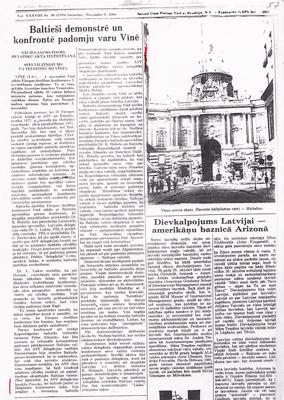 Raksts par Pasaules Baltiešu apvienības aktivitātēm Eiropas drošības konferences ietvaros Vīnē laikrakstā "Laiks", 08.11.1986.