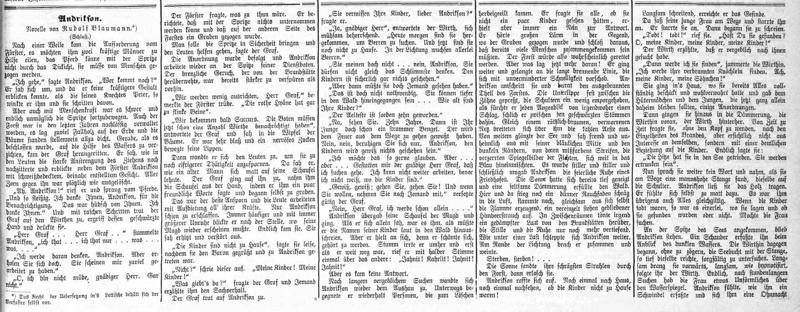 Novele "Andriksons" vācu valodā laikrakstā "Rigasche Rundschau" (26.01.1899. Nr. 20).