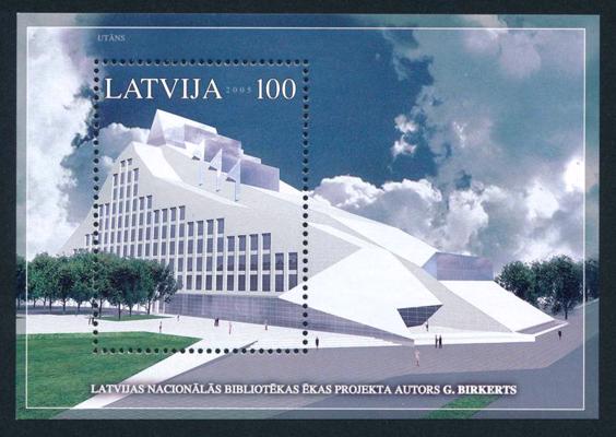 Mūsdienu Latvijas pastmarka ar Latvijas Nacionālās bibliotēkas ēku.