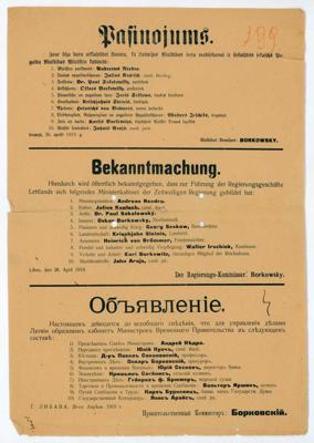 Valdības komisāra Borkovska paziņojums (A. Niedras valdības sastāvs). Liepāja, 26.04.1919.