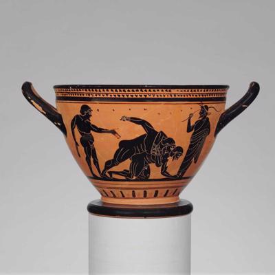 Terakotas dzeramā krūze, uz kura attēlota cīkstēšanās un pankrations, ap 500. gadu p. m. ē.