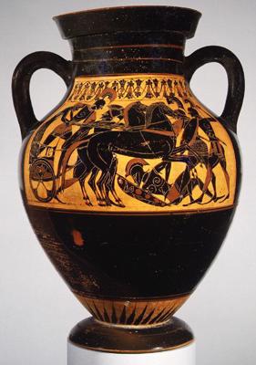 Terakotas amfora ataino kaujas ainu ar kvadrigu. Ap 500.–490. gadu p. m. ē.