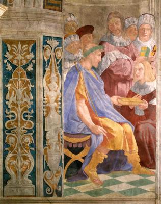 Triboniāns nodod Bizantijas imperatoram Justiniānam pandektus. Fragments no Rafaēla freskas. Rafaēla stancas (Stanze di Raffaello), Apustuliskā pils Vatikānā. 16. gs.