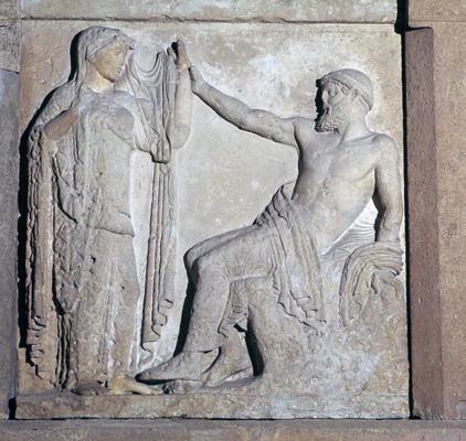 Zeva un Hēras laulību metopa no tempļa Selinuntē. 5. gs. p. m. ē.