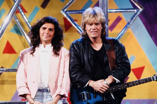 Modern Talking piedalās TV šovā. No kreisās: Tomass Anderss un Dīters Bolens. 1986. gads.