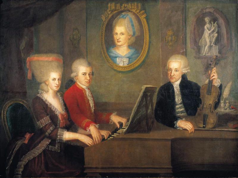Leopolds Mocarts kopā ar bērniem Volfgangu un Nannerli, pie sienas viņu mātes portrets. Ap 1780. gadu. Gleznotājs Johans Nepomuks dela Kroče (Johann Nepomuk Della Croce). 