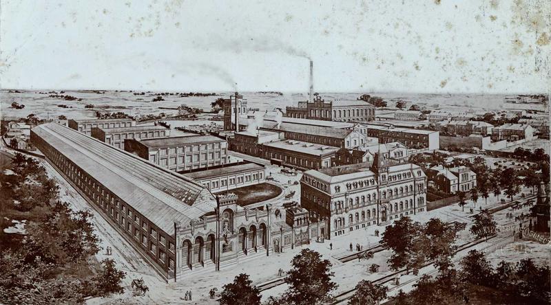Kopējais skats uz Krievijas elektrības sabiedrības “Union” ēku kompleksu. Rīga, 1908. gads.