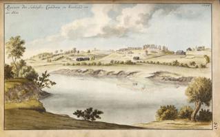 Kandavas pilsdrupas pie Abavas 1784. gadā (Ruinen des Schlosses Candau an der Abau, 1784).