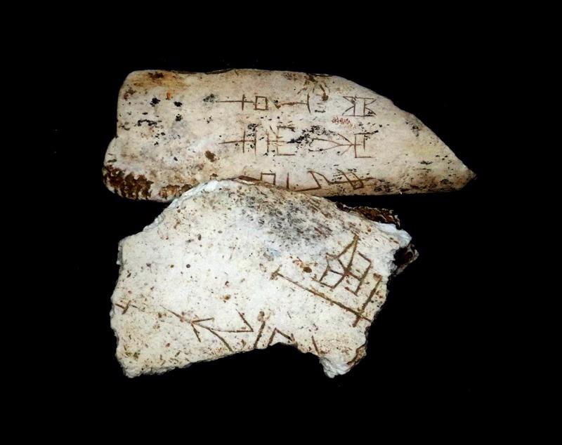 Kaulā iegravētas ķīniešu agrīnās rakstzīmes. Šan dinastija, ap 1500.–1000. g. p. m. ē. Hunaņas province, Ķīna.
