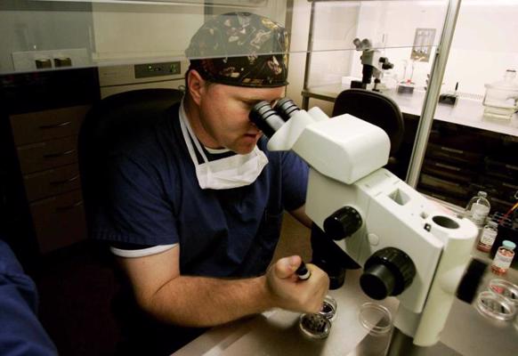 Embriologs Ričards Ross (Ric Ross) mikroskopā pārbauda ziedotas cilvēka embrija šūnas, lai tālāk nodotu tās cilmes šūnu pētījumu laboratorijai. Laholja, ASV, 28.02.2007.