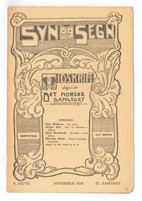 Žurnāla "Syn og segn" (Nr. 9) pirmā lapa jaunnorvēģu valodā. 11.1926.