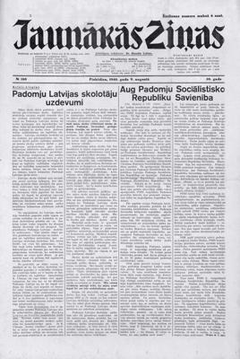 Laikraksta "Jaunākās Ziņas" pēdējā izdevuma pirmā lapa. 09.08.1940.
