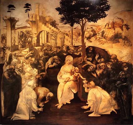Leonardo da Vinči nepabeigtā altārglezna “Austrumu gudrie pielūdz Jēzu”, ap 1481. gadu.
