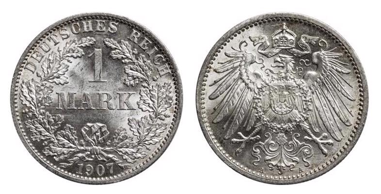 Sudraba markas monēta. Vācu Impērija, 1907. gads.