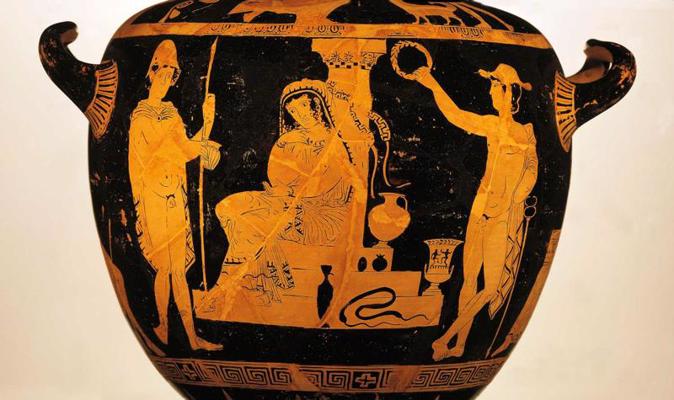 Aina no Aishila triloģijas "Orestija", kurā Apollons aizstāv Orestiju. Grieķijas civilizācija, 5. gs. p. m. ē.