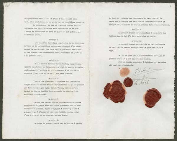 Latvijas un Igaunijas 1923. gada 1. novembra savienības līguma otrā un trešā lapa.