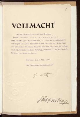 Reihskanclera Ādolfa Hitlera pilnvarojums ārlietu ministram Joahimam fon Ribentropam parakstīt līgumu ar Latviju. Berlīne, 05.06.1939.