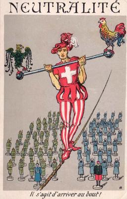 Pastkarte, kurā kariķētas Šveices neitralitātes saglabāšanas grūtības. Publicēta ap 1915. gadu.