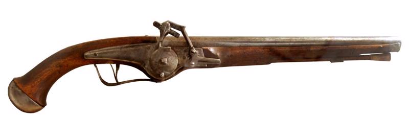 1. att. Jātnieku pistole ar rata (skrituļa) aizdedzes mehānismu, 17. gs. 2. puse, Zūla (Suhl), kalibrs 19,3 mm.