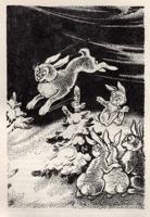 Ilustrācija Jāņa Širmaņa grāmatā "Kriksis Mežmājā". Nirnbergas Valkā, Autora izdevums, 1949. gads.