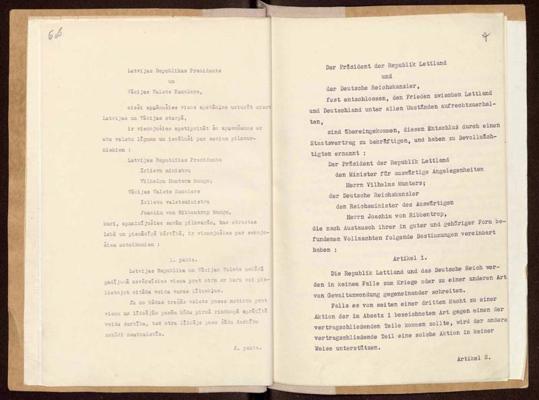 Latvijas un Vācijas 1939. gada 7. jūnija līguma pirmā lapa.