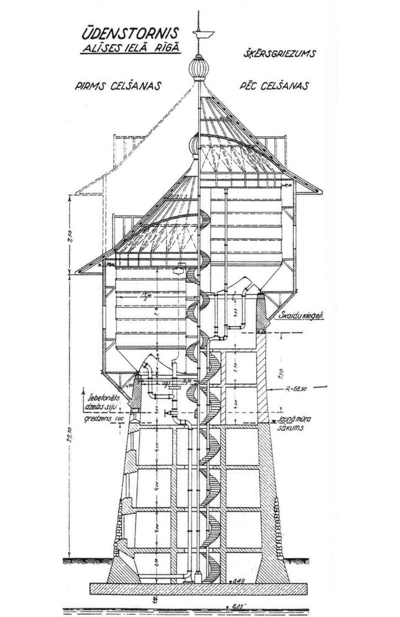 Āgenskalna ūdenstorņa paaugstināšanas projekta šķērsgriezuma shēma. 1937. gads. Inženieris Pāvils Pāvulāns.