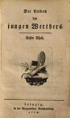 Johana Volfganga fon Gētes romāna “Jaunā Vertera ciešanas” (Die leiden des jungen Werthers, 1774) titullapa.