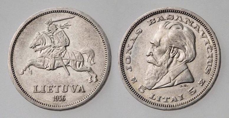 Piecu litu monēta ar Lietuvas valsts nosaukumu un simboliku. 1936. gads.