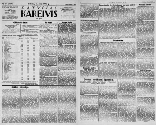 Raksti par Mātes dienu laikrakstā “Latvijas Kareivis” Nr. 104, 13.05.1934.