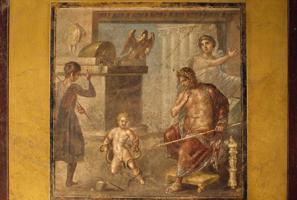 Jaunais Hērakls žņaudz čūskas, freska Vetiju namā (1. gs.). Pompeja, Senā Roma.