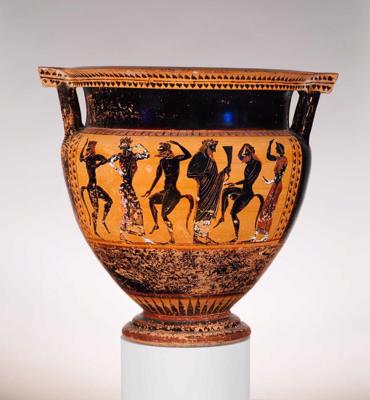 Terakotas trauks vīna un ūdens sajaukšanai, uz kura attēlots Dionīss ar satīriem. Senā Grieķija, ap 540. gadu p. m. ē.