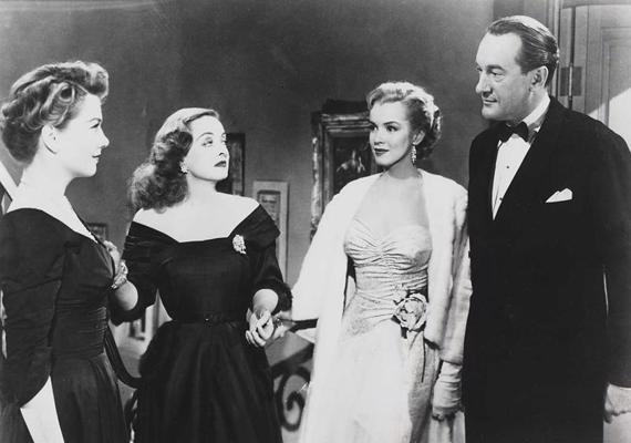 No kreisās: Anna Bakstere (Anne Baxter), Beta Deivisa, Merilina Monro (Marilyn Monroe), Džordžs Sanderss (George Sanders) filmā “Viss par Ievu”. 1950. gads.