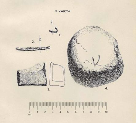 Kausas pilskalnā atrastie priekšmeti. 1980. gada izrakumu 5. kārta. 1 – bronzas riņķīša puse; 2 – dzelzs iedzītnis (īlens?); 3 – akmens galodas fragments; 4 – noapaļots akmens olis ar zīmi “V” vienā skaldnē.