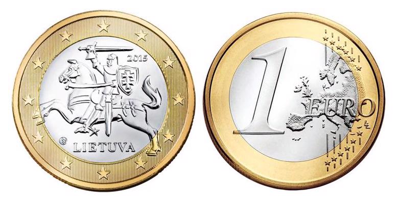 Viena eiro monēta ar Lietuvas valsts nosaukumu un simboliku. 2015. gads.