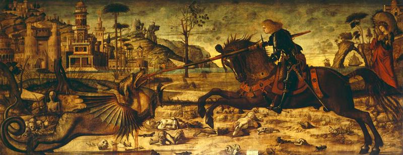 Vitore Karpačo (Vittore Carpaccio). "Svētais Georgs (arī Svētais Juris) uzvar pūķi". Itālija, 1502. gads.