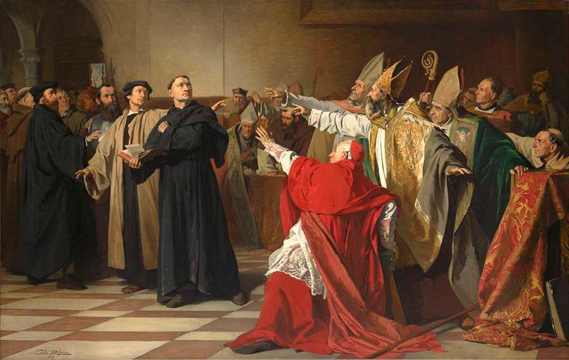 Emīla Delperē (Emile Delpérée) glezna "Luters Svētās Romas Impērijas Reihstāgā 1521. gadā Vormsā". 1878. gads. Svētās Romas Impērijas imperators Kārlis V (Karl V.) Reihstāga noslēgumā 25.05.1521. izdeva Vormsas ediktu, ar kuru Mārtiņš Luters tika pasludināts par ķeceri un noziedznieku ārpus likuma.