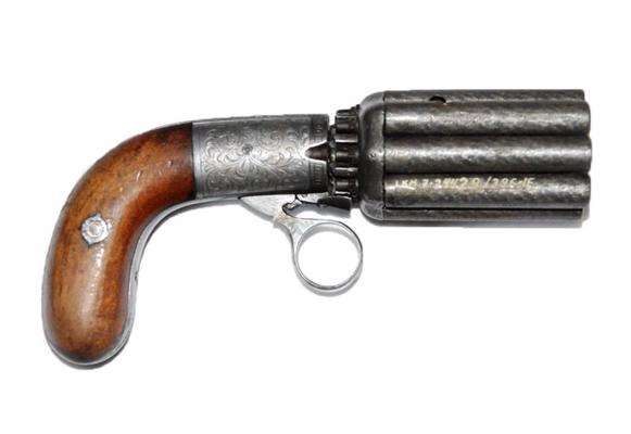 5. att. Marietas sistēmas astoņstobru revolverpistole – “pepperbox” ar kapseles aizdedzi, pēc 1837. gada, Beļģija, Lježa, kalibrs 8 mm.