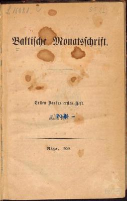 Žurnāla Baltische Monatsschrift, Nr. 1–6 (01.10.1859.) vāks.