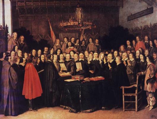 “Vestfāles miera līguma slēgšana. Minsteres miera līguma ratifikācijas zvēresta nodošana 1648. gada 24. oktobrī”. Gerarda Terborha (Gerard Ter Borch) glezna.