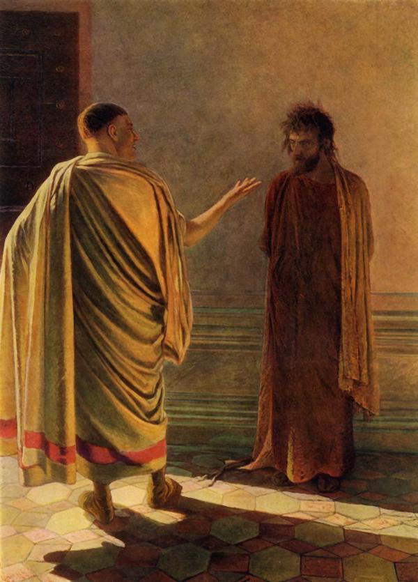 Nikolajs Ge (Николай Николаевич Ге). "Kas ir patiesība? Kristus un Pilāts". 1890. gads.
