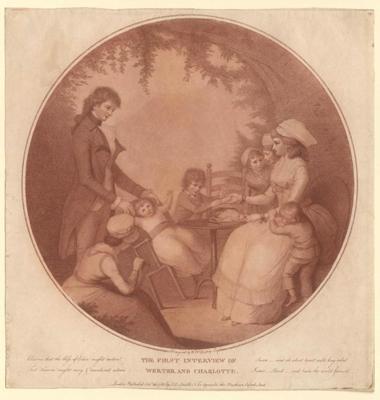 Lotes un Vertera pirmā tikšanās. Ilustrācija. Londona, 1782. gads.