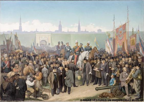 Jūliuss Gotfrīds Zīgmunds (Julius Gottfried Siegmund). "Rīgas nocietinājuma vaļņu nojaukšanas atkāšanas svinības 1857. gada 15. novembrī". 1899. gads.